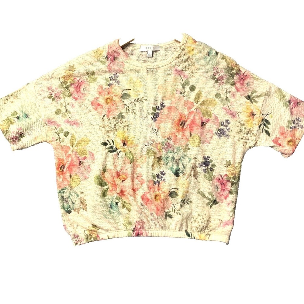 Gaze Cottagecore Banana Yellow Floral Knit Cropped Oversize Sweater Top Womens L